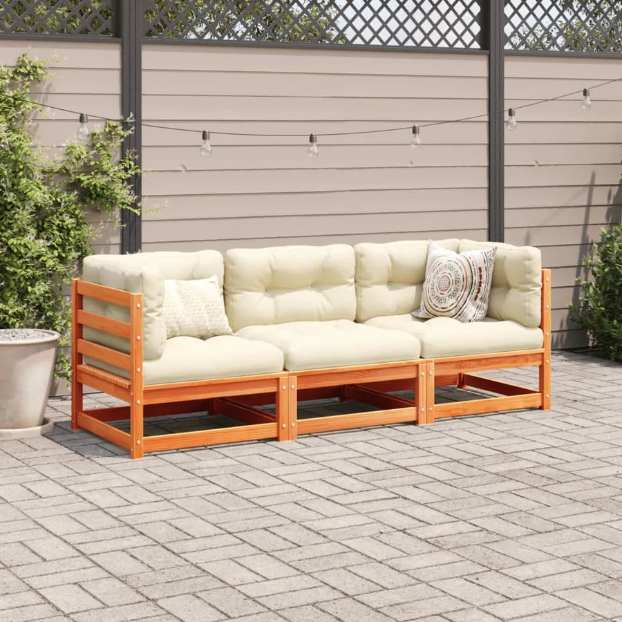 Salon de jardin 3 pcs avec coussins cire marron bois pin massif - 3