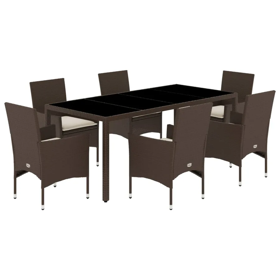 Ensemble à manger de jardin et coussins 7pcs marron rotin verre - 2