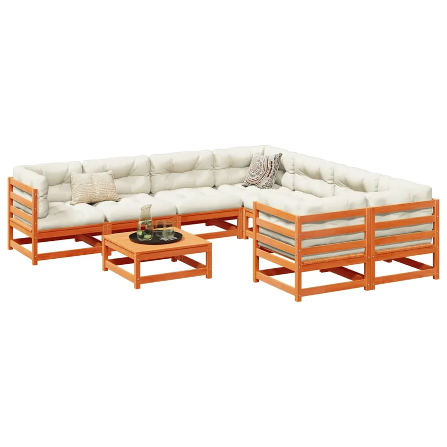 Salon de jardin 9 pcs avec coussins marron cire bois pin massif