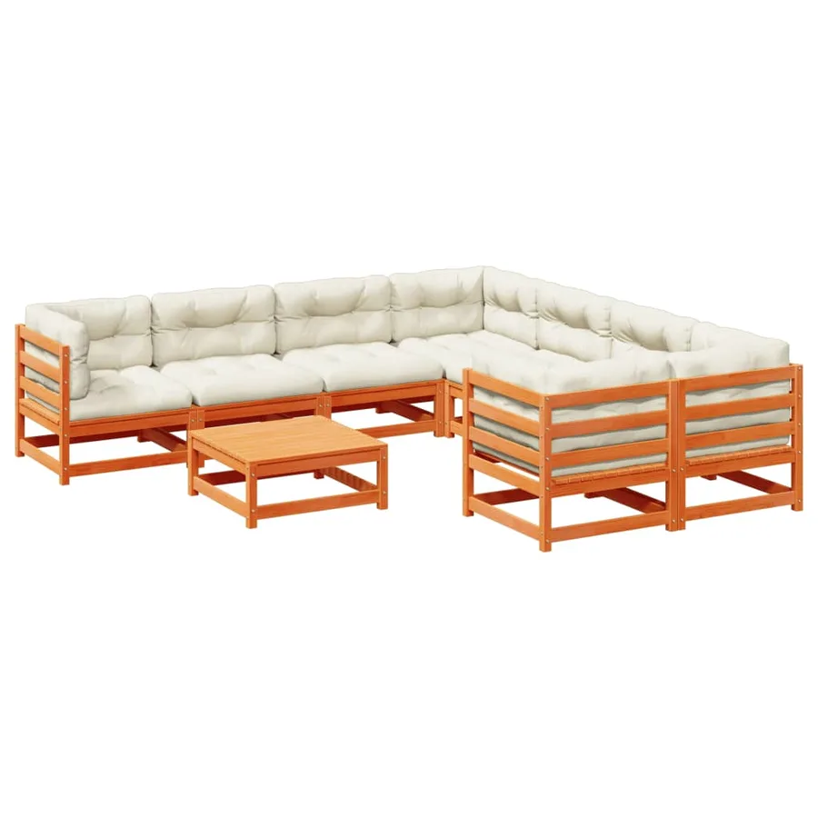 Salon de jardin 9 pcs avec coussins marron cire bois pin massif - 2