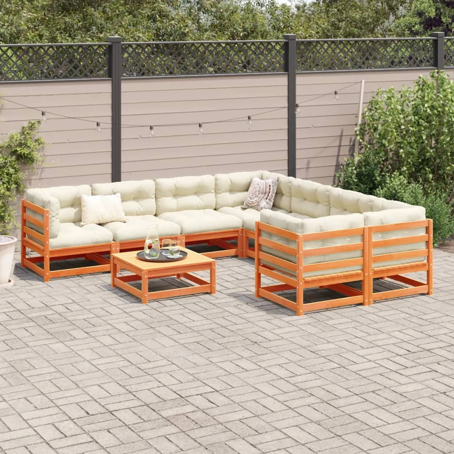 Salon de jardin 9 pcs avec coussins marron cire bois pin massif - 3