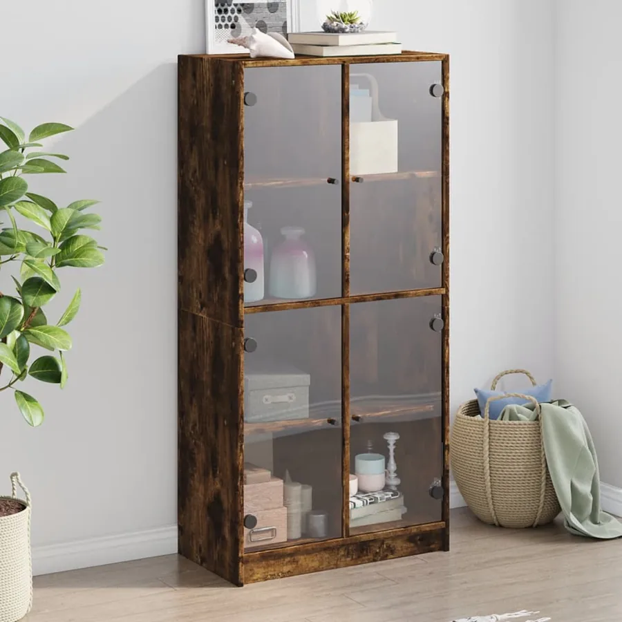 Buffet haut avec portes chêne fumé 68x37x142 cm bois ingénierie