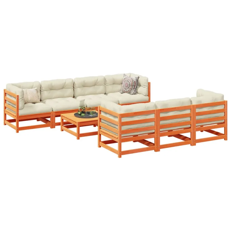Salon de jardin 8 pcs avec coussins marron cire bois pin massif