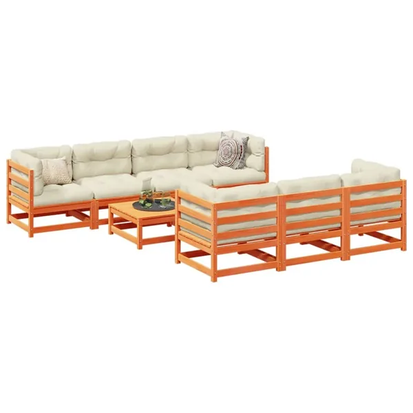 Salon de jardin 8 pcs avec coussins marron cire bois pin massif