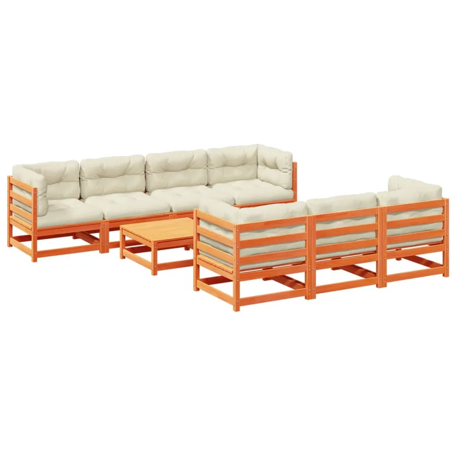 Salon de jardin 8 pcs avec coussins marron cire bois pin massif - 2