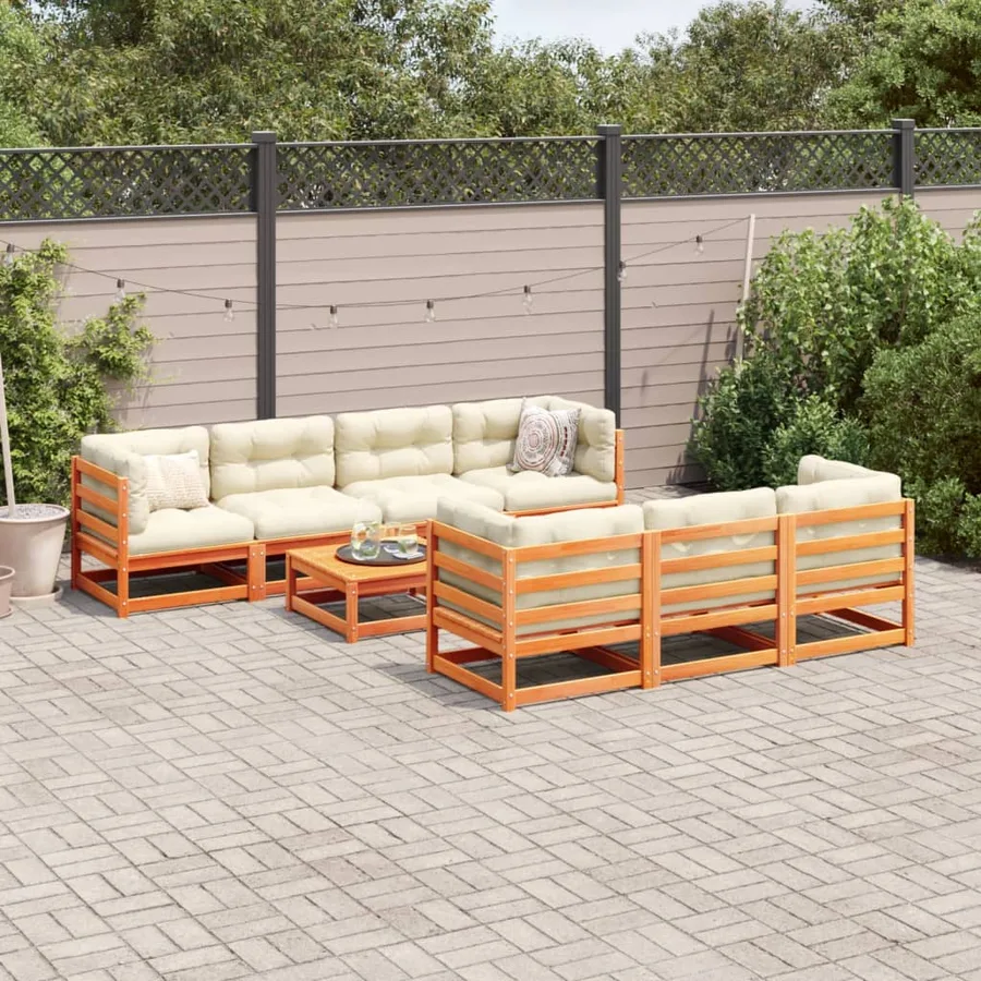 Salon de jardin 8 pcs avec coussins marron cire bois pin massif - 3