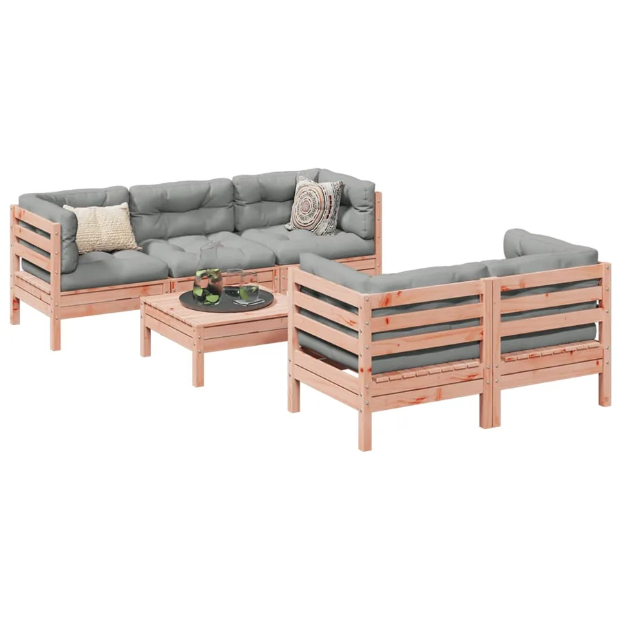 Salon de jardin 6 pcs et coussins bois massif sapin de douglas