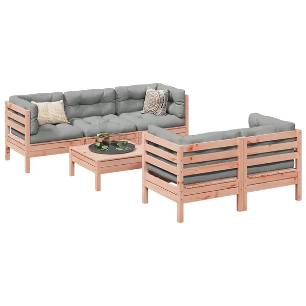 Salon de jardin 6 pcs et coussins bois massif sapin de douglas