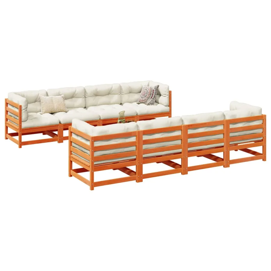 Salon de jardin 9 pcs avec coussins marron cire bois pin massif