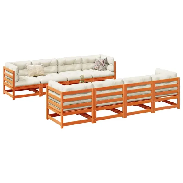 Salon de jardin 9 pcs avec coussins marron cire bois pin massif