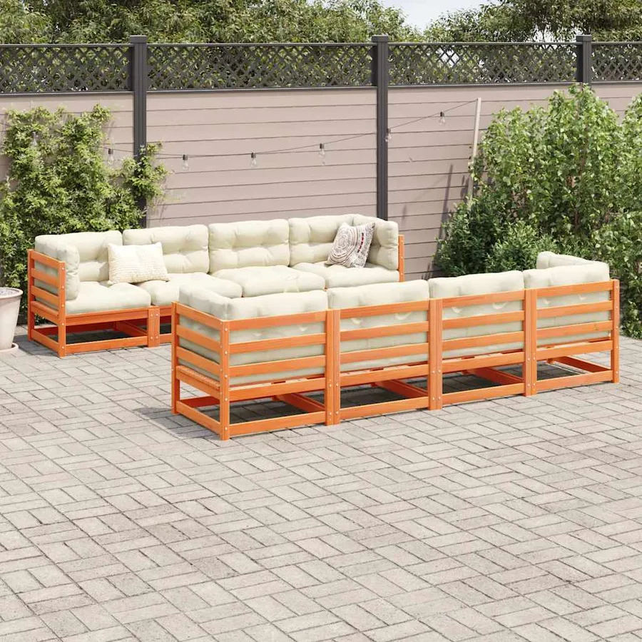 Salon de jardin 9 pcs avec coussins marron cire bois pin massif - 3