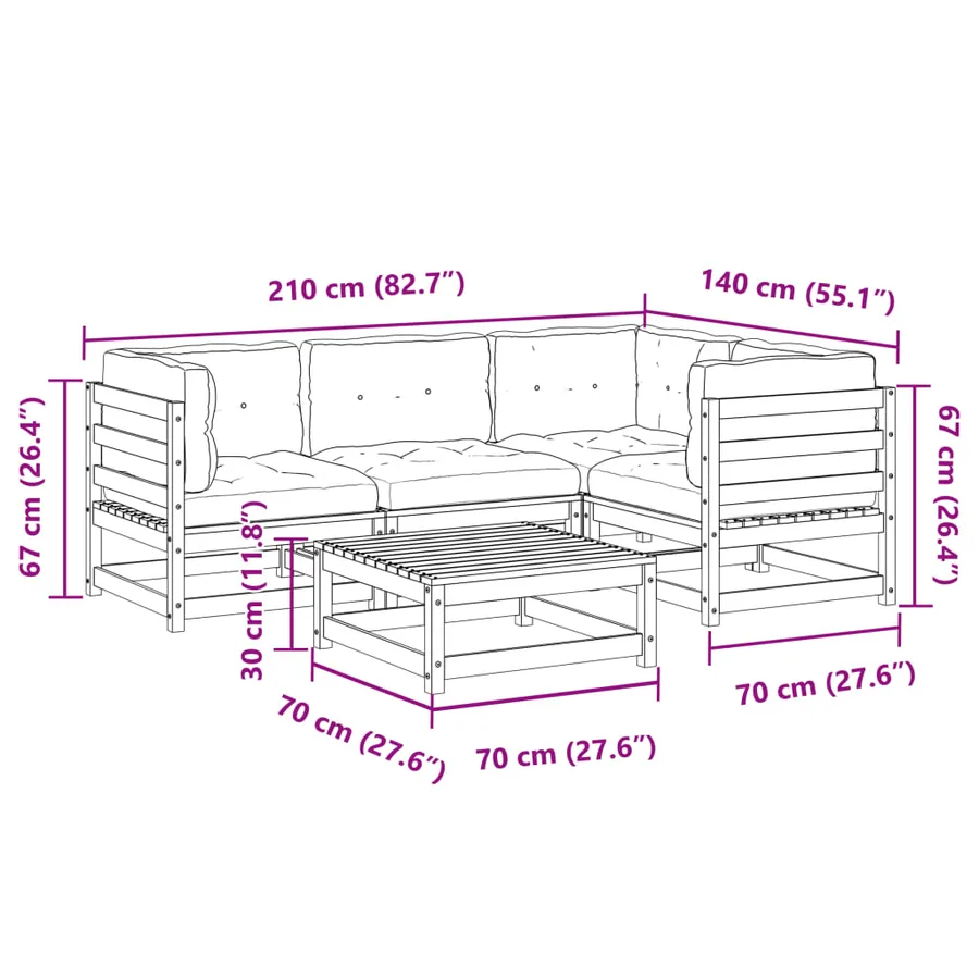 Salon de jardin 5 pcs avec coussins bois de pin massif - 12