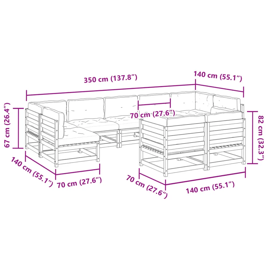 Salon de jardin 9 pcs avec coussins bois de pin massif - 10
