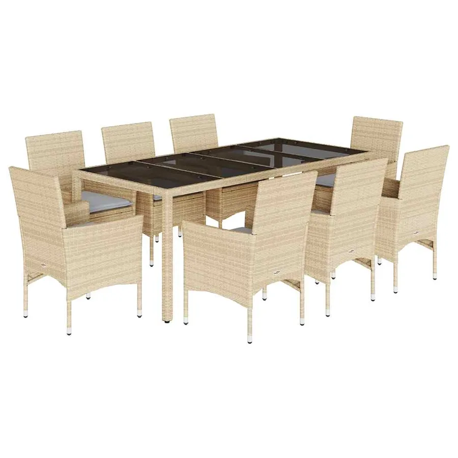 Ensemble à manger de jardin et coussins 9 pcs beige rotin verre - 2
