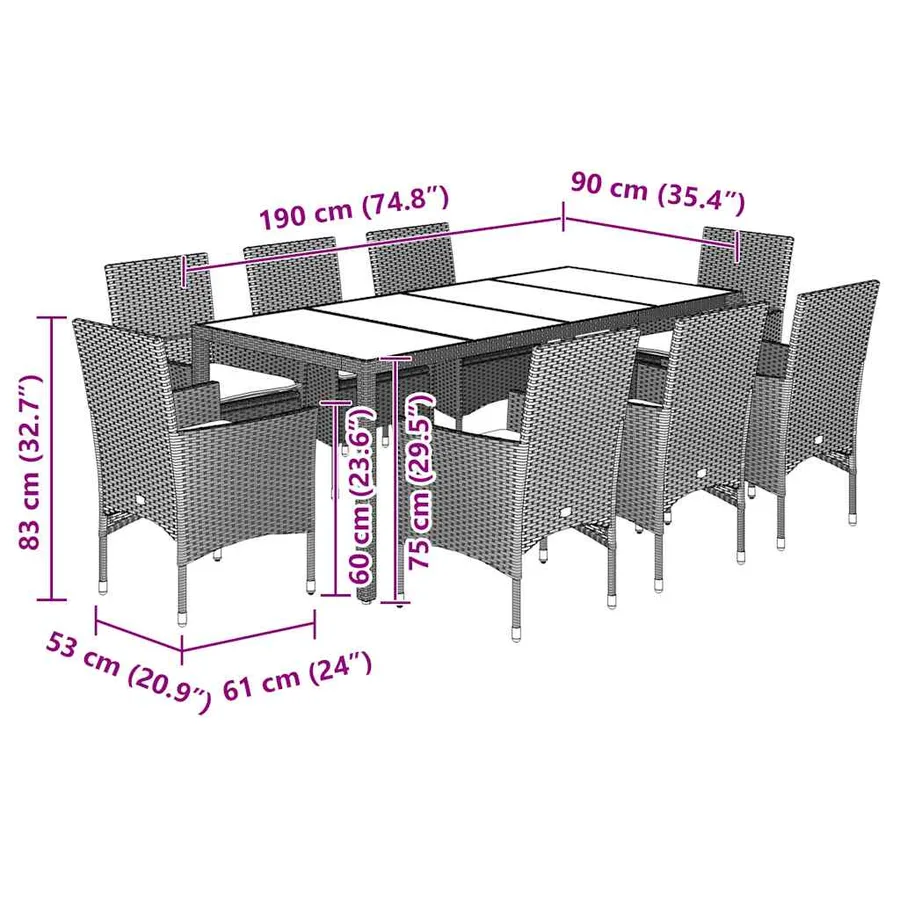 Ensemble à manger de jardin et coussins 9 pcs beige rotin verre - 7
