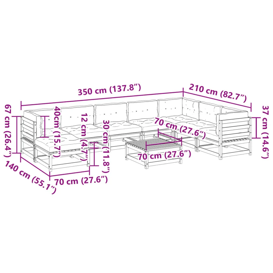 Salon de jardin 9 pcs avec coussins bois de pin massif - 14