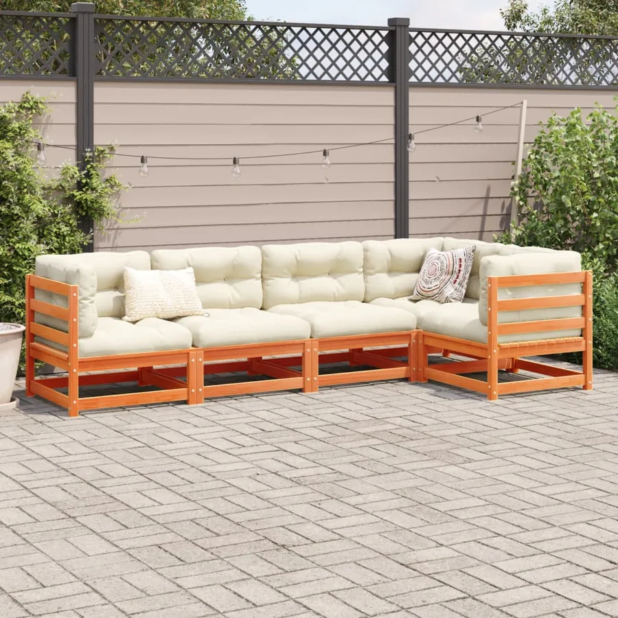 Salon de jardin 5 pcs avec coussins cire marron bois pin massif - 3