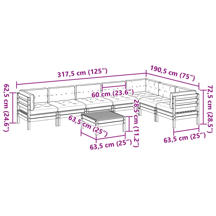 Salon de jardin 8 pcs avec coussins marron cire bois pin massif - 12