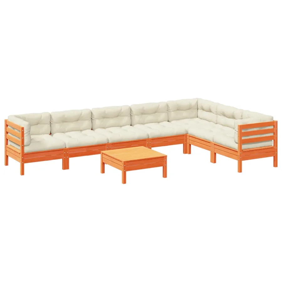 Salon de jardin 8 pcs avec coussins marron cire bois pin massif - 2