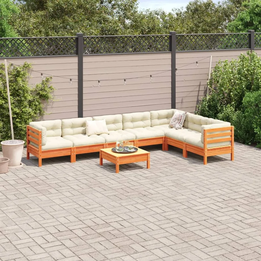 Salon de jardin 8 pcs avec coussins marron cire bois pin massif - 3