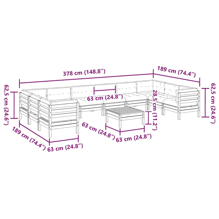 Salon de jardin avec coussins 11pcs cire marron bois pin massif - 12