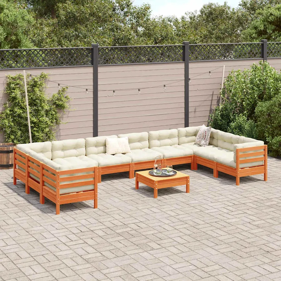 Salon de jardin avec coussins 11pcs cire marron bois pin massif - 3