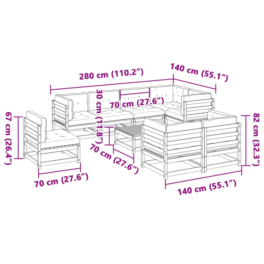 Salon de jardin 9 pcs avec coussins marron cire bois pin massif - 12