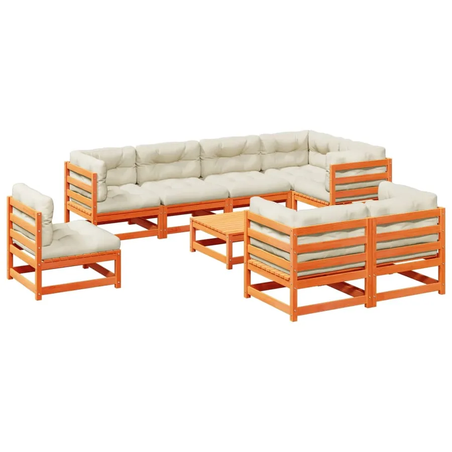 Salon de jardin 9 pcs avec coussins marron cire bois pin massif - 2
