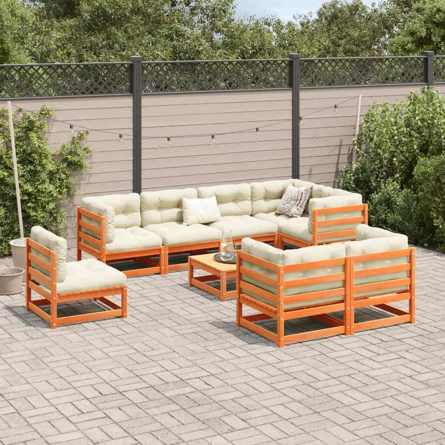 Salon de jardin 9 pcs avec coussins marron cire bois pin massif - 3