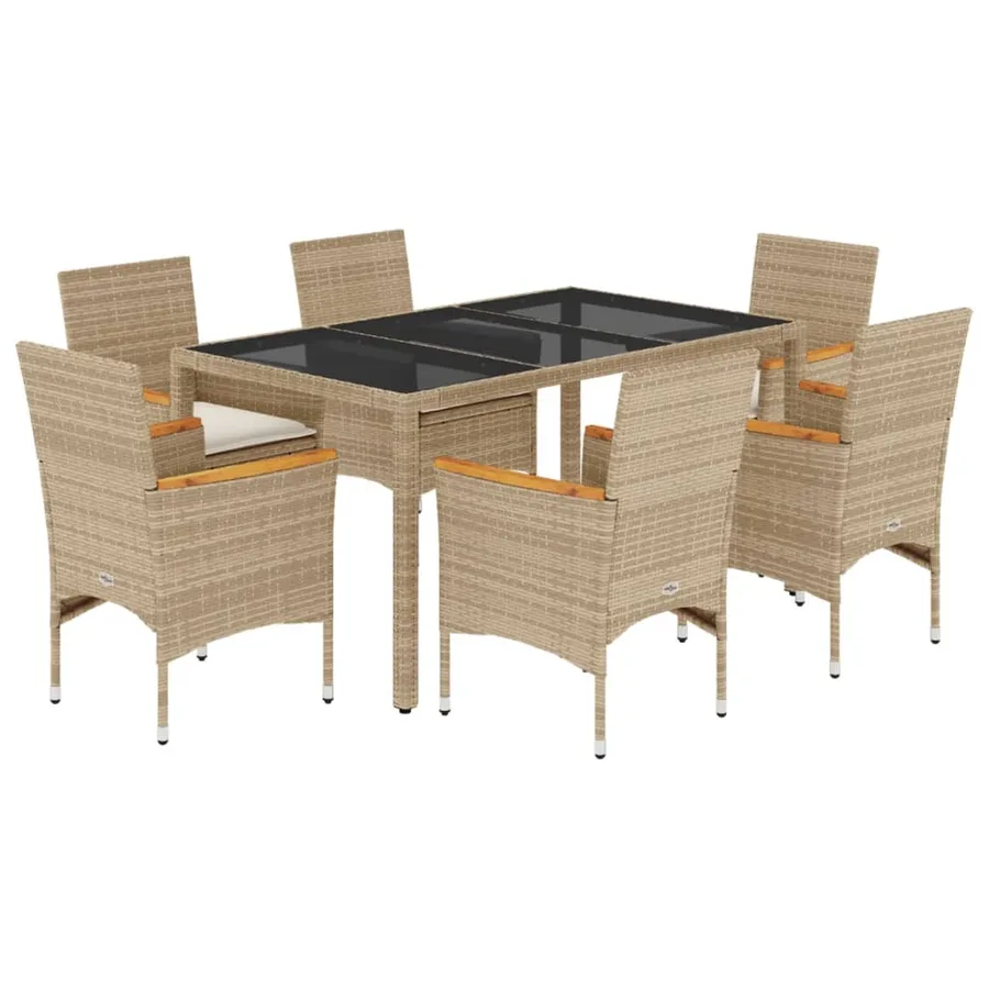 Ensemble à manger de jardin et coussins 7 pcs beige rotin verre - 2