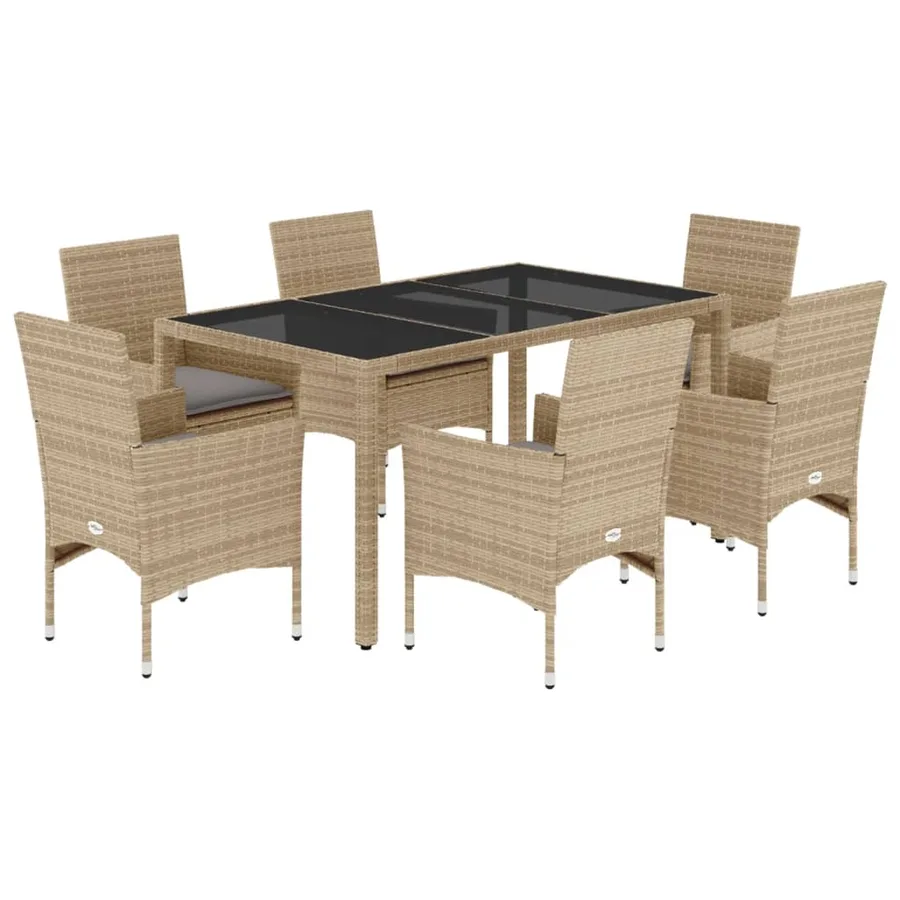 Ensemble à manger de jardin et coussins 7 pcs beige rotin verre - 2