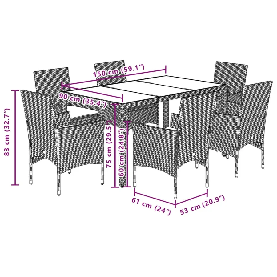 Ensemble à manger de jardin et coussins 7 pcs beige rotin verre - 7