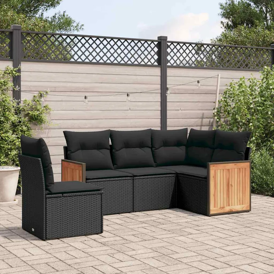 Salon de jardin 5 pcs avec coussins noir résine tressée