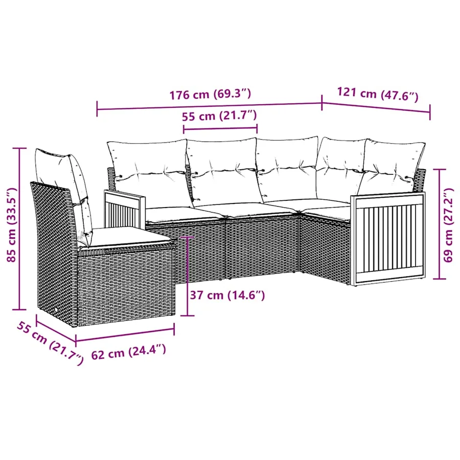 Salon de jardin 5 pcs avec coussins noir résine tressée - 3