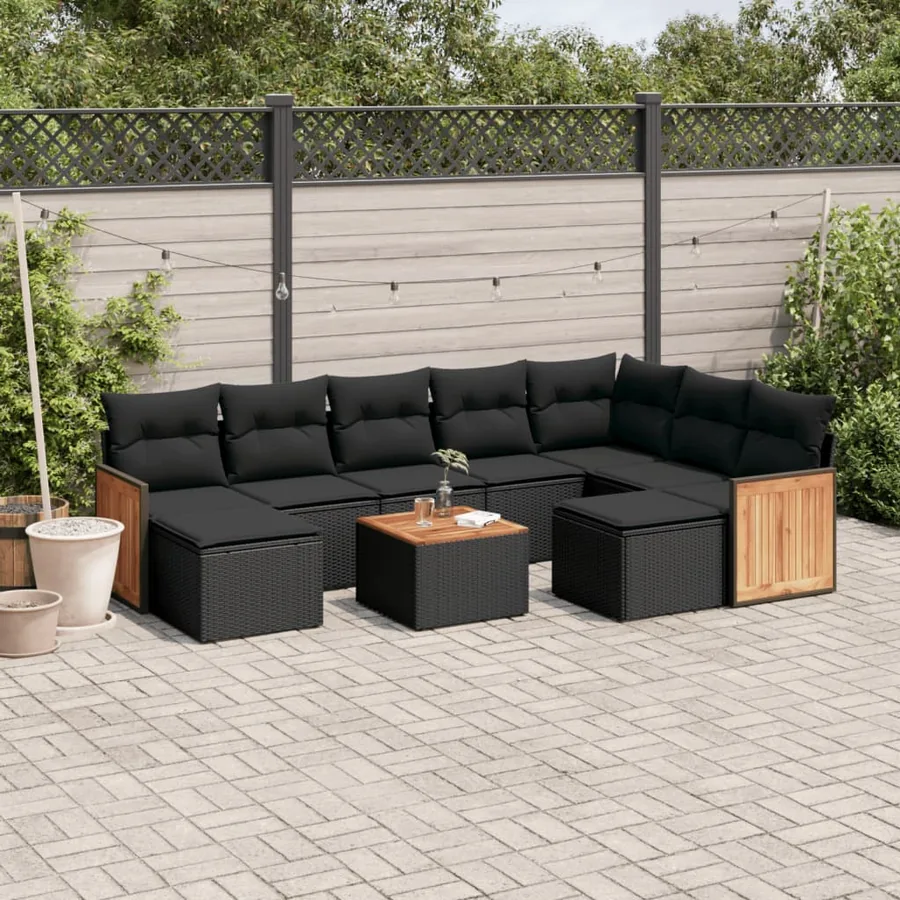 Salon de jardin 10 pcs avec coussins noir résine tressée