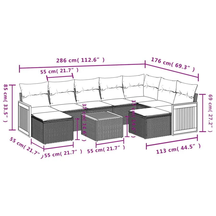 Salon de jardin 10 pcs avec coussins noir résine tressée - 3
