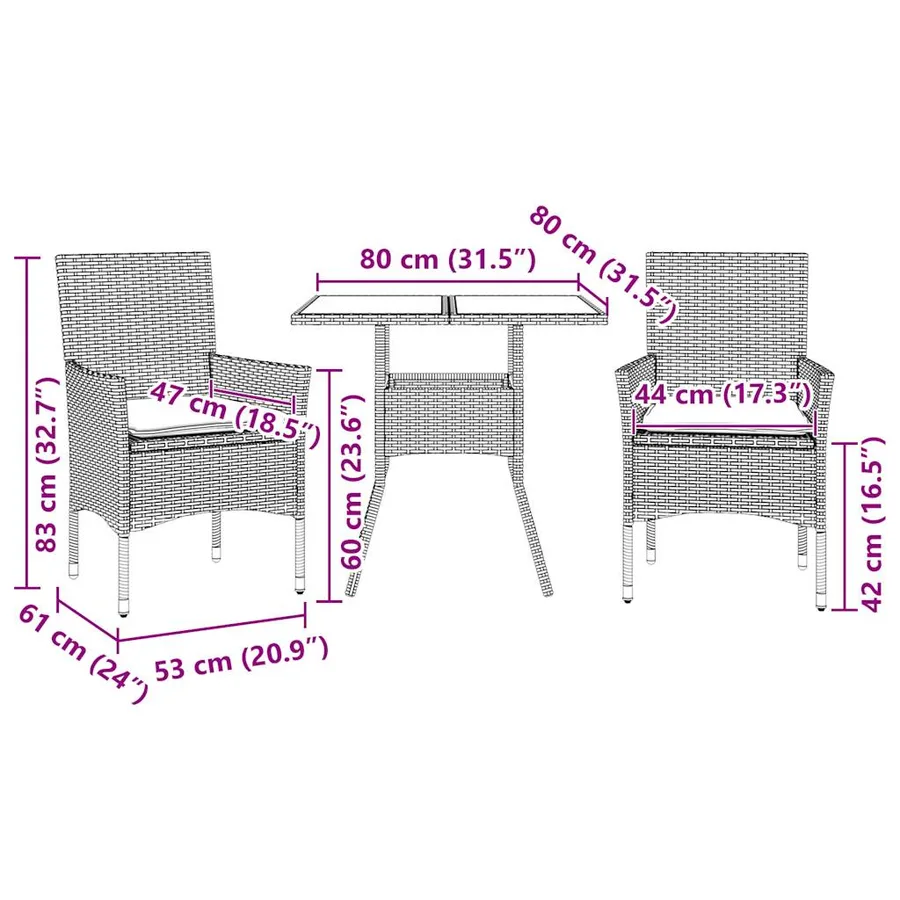 Ensemble à manger de jardin et coussins 3pcs marron rotin verre - 7
