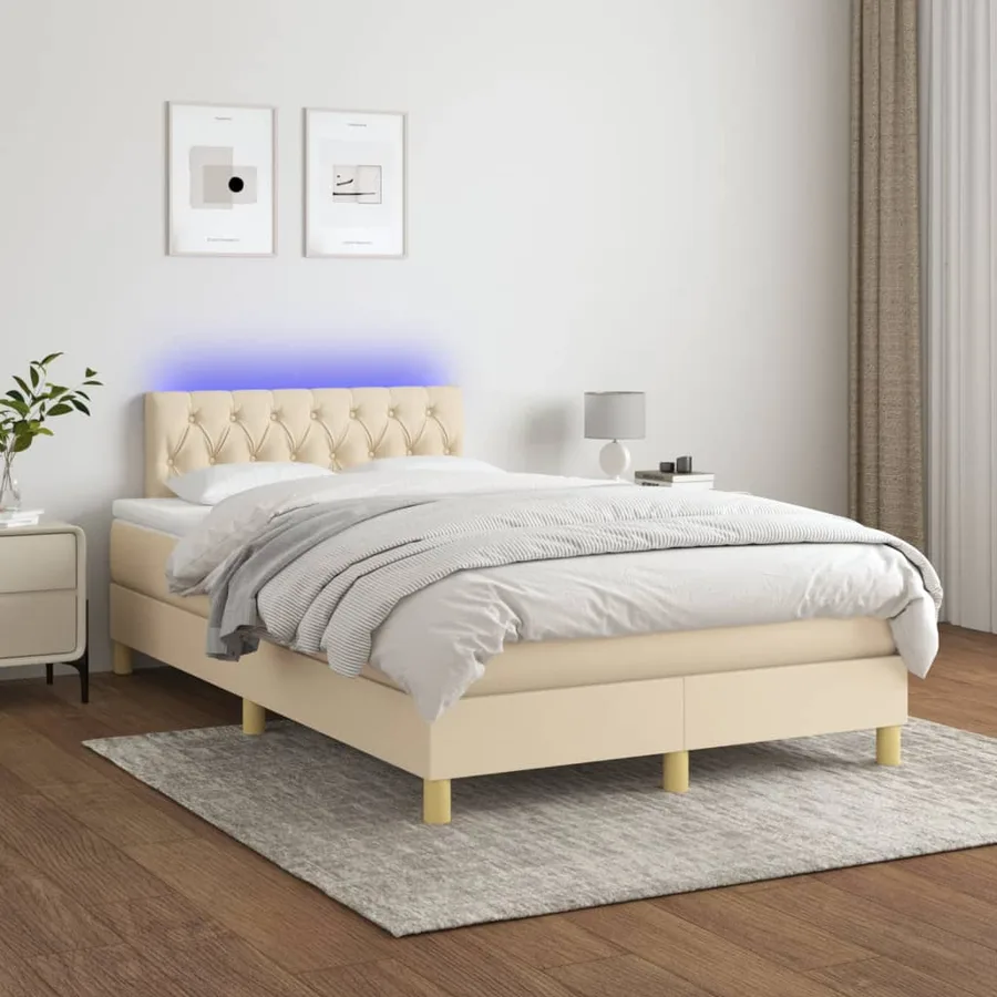 Sommier à lattes de lit matelas et LED crème 120x190 cm tissu - 4