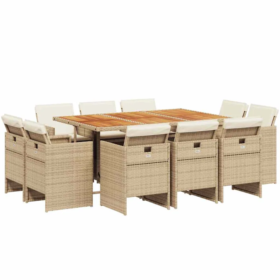 Ensemble à manger de jardin et coussins 11 pcs beige poly rotin - 2