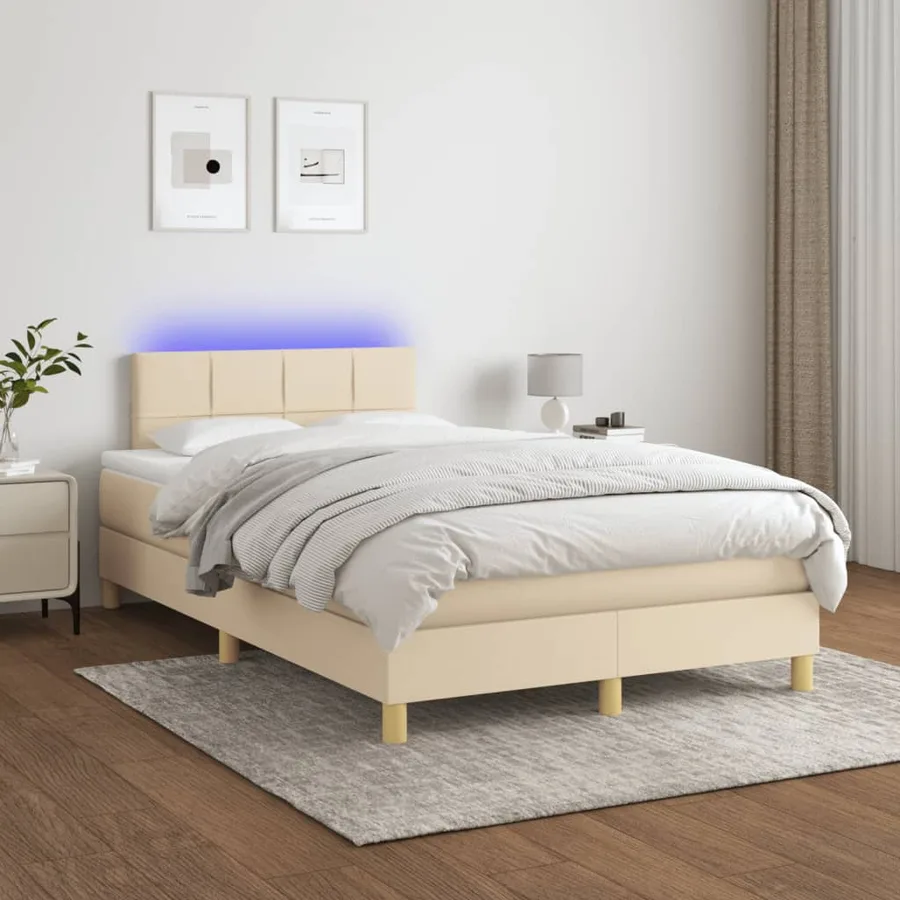 Sommier à lattes de lit matelas et LED crème 120x190 cm tissu - 4