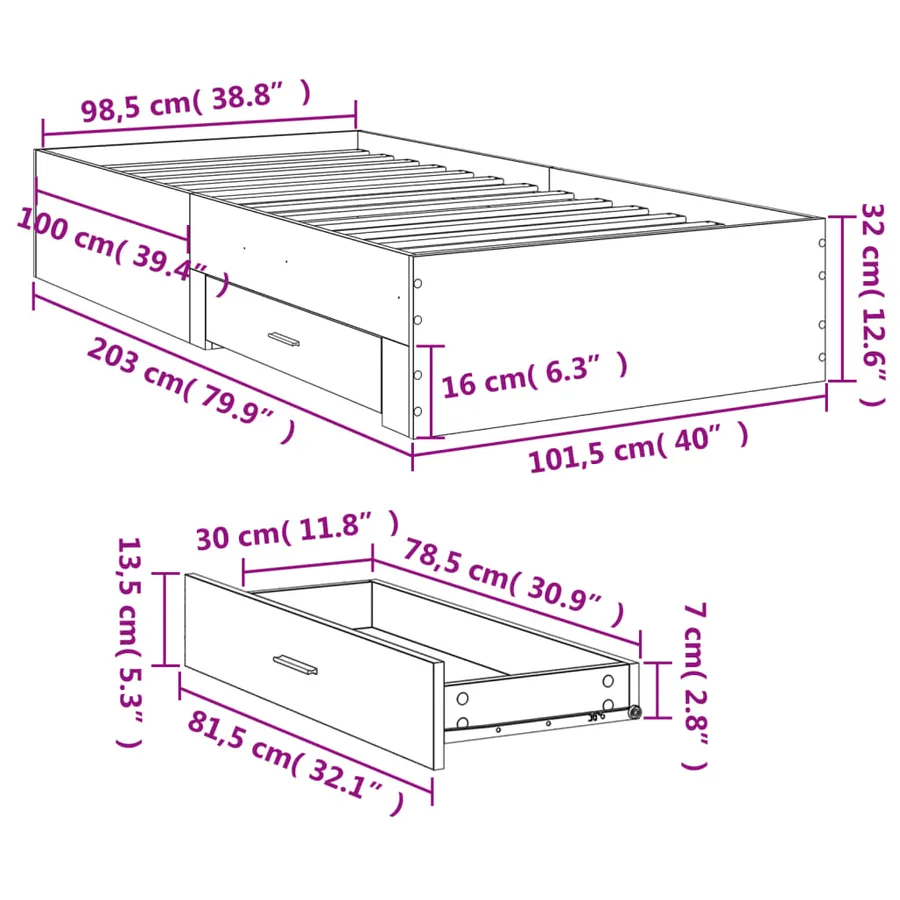 Cadre de lit avec tiroirs sans matelas gris béton 100x200 cm - 10