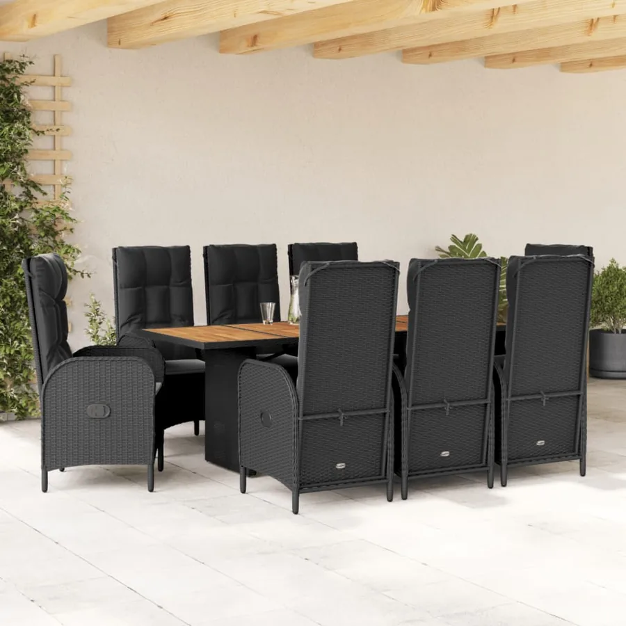 Ensemble à manger de jardin 9pcs coussins noir résine tressée