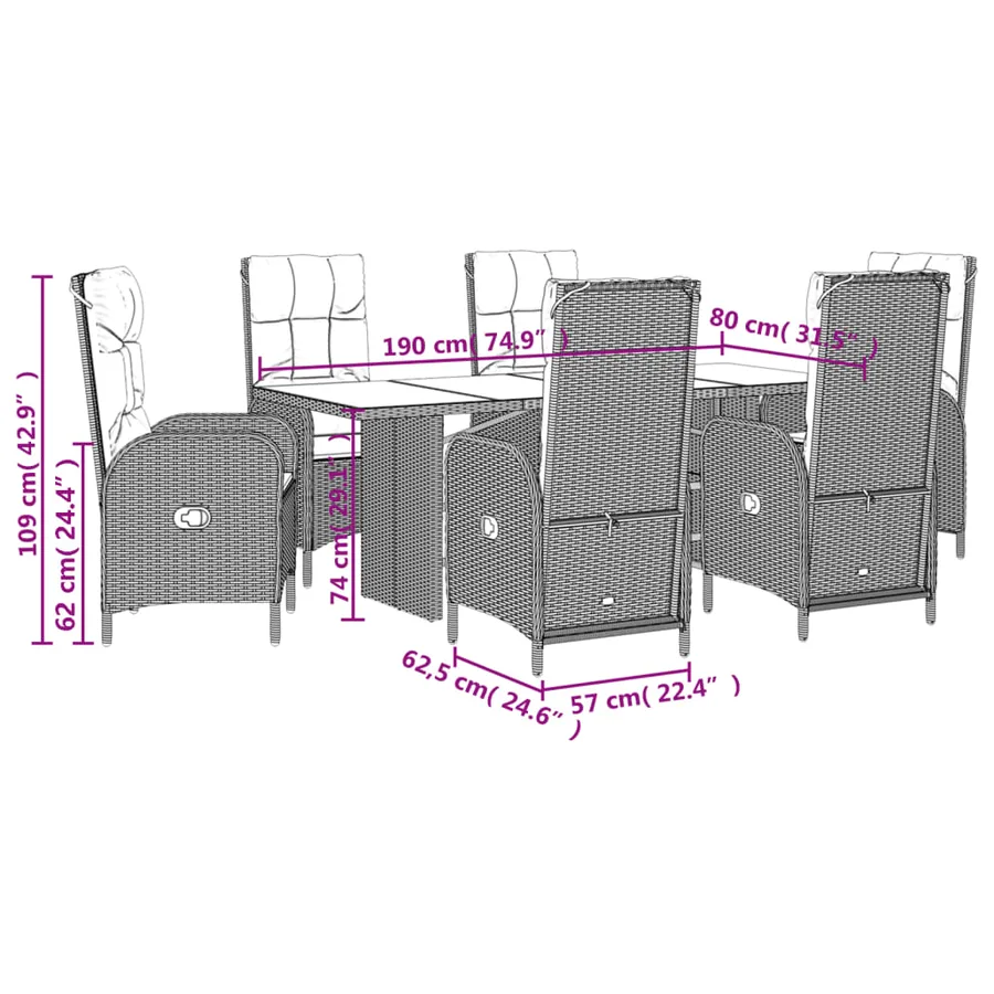 Ensemble à manger de jardin et coussins 7 pcs gris rotin - 7