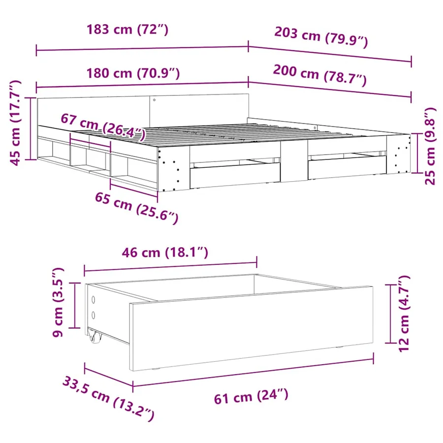 Cadre de lit avec tiroirs sans matelas gris béton 180x200 cm - 10