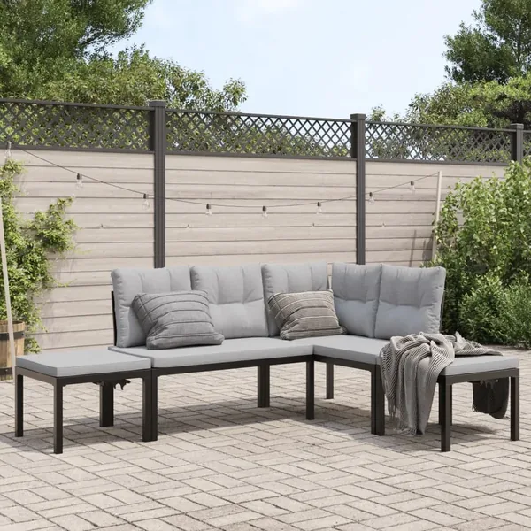 Salon de jardin avec coussins 4 pcs noir acier enduit de poudre