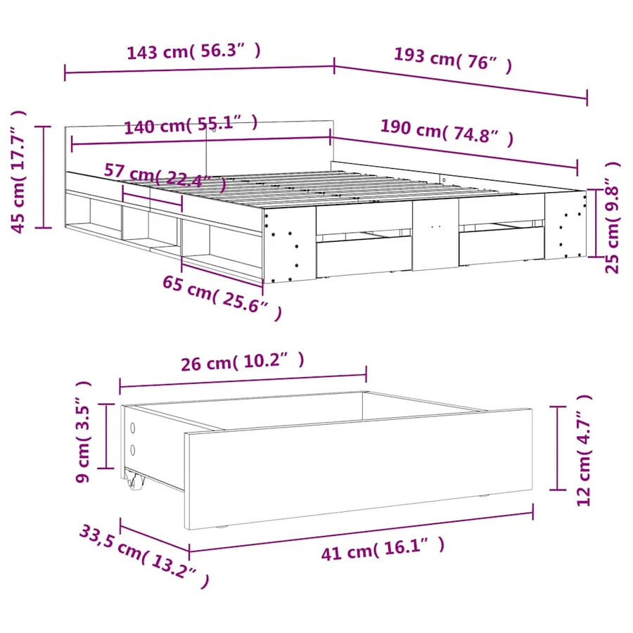 Cadre de lit avec tiroirs sans matelas chêne fumé 140x190 cm - 10