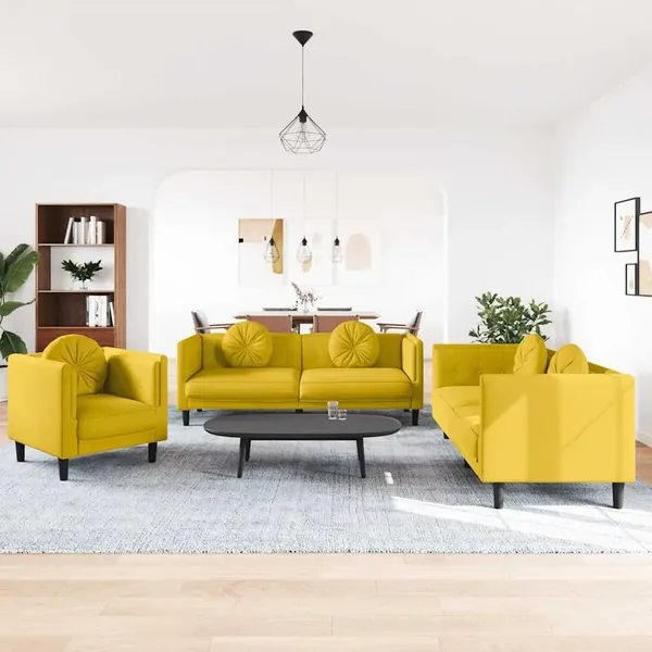 Ensemble de canapés 3 pcs avec coussins jaune velours
