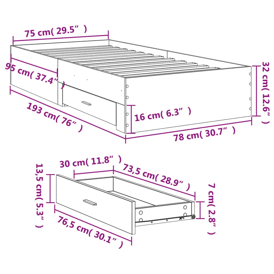 Cadre de lit avec tiroirs sans matelas noir 75x190 cm - 10