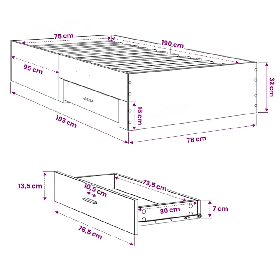 Cadre de lit avec tiroirs sans matelas gris béton 75x190 cm - 10