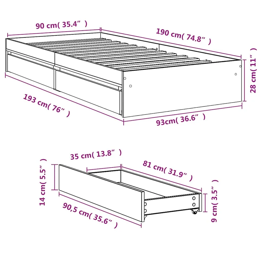 Cadre de lit avec tiroirs sans matelas sonoma gris 90x190 cm - 10